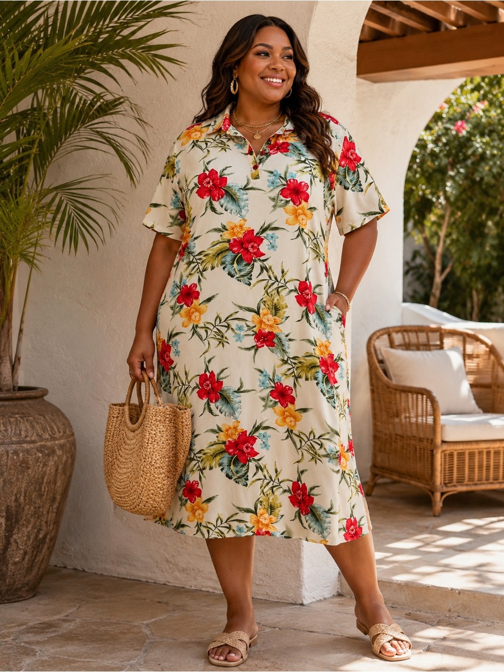 Caribbean Joe Cream Floral Button-Front Resort Beach Midi Dress SZ 3X
